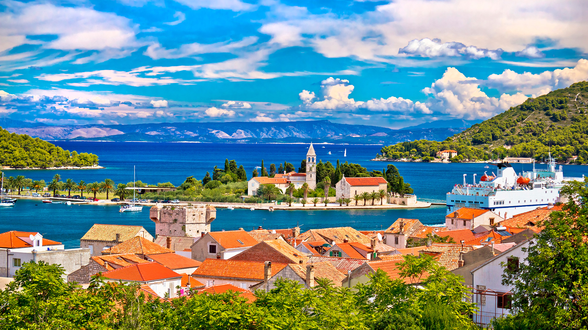 Panorama of the city with the bell tower of the Church of St. Jeronimus, Vis island, Croatia